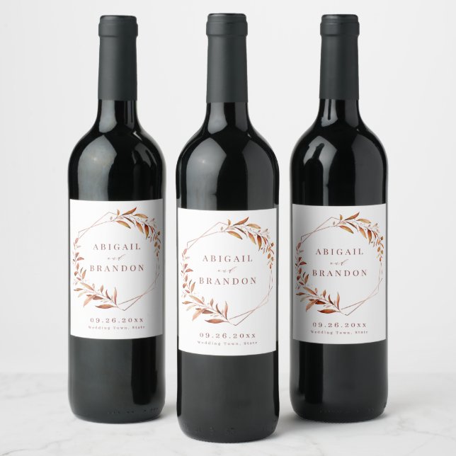 Fall Modern Greenery Geometric Rustic Wedding Wine Label (Bottles)