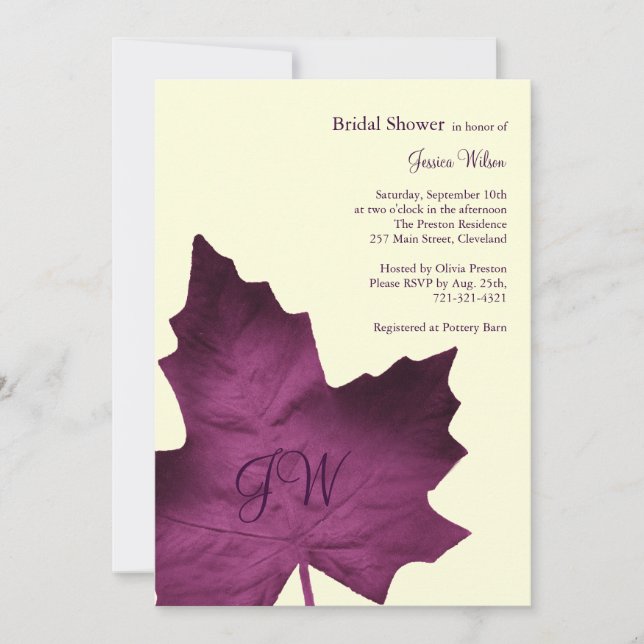 Fall Monogrammed Bridal Shower Invitation (purple) (Front)