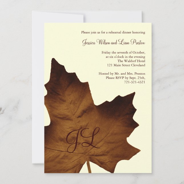 Fall Monogrammed Rehearsal Dinner Invite (brown) (Front)