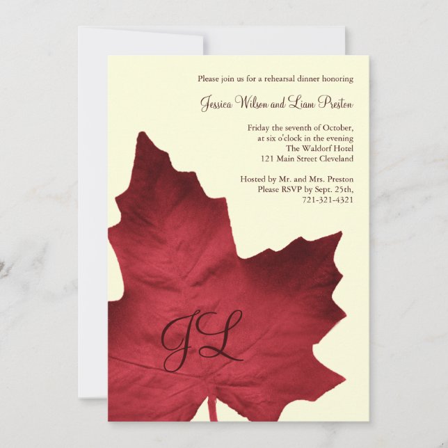 Fall Monogrammed Rehearsal Dinner Invite (red) (Front)