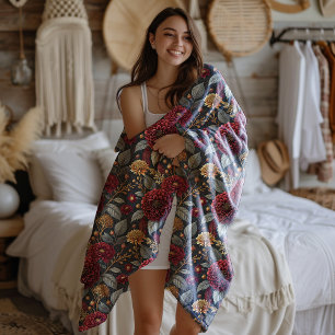 Fall Moody Peony Burgundy on Dark Grey Floral Fleece Blanket