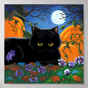 Fall Moon Black Cat Pumpkins Creationarts Poster