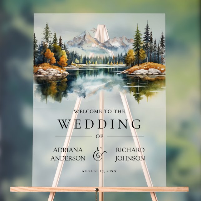 Fall Mountain Forest Lake Wedding Welcome Acrylic Sign (Neutral)