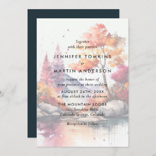 Fall Mountain Lake Trees Watercolor Wedding Invitation