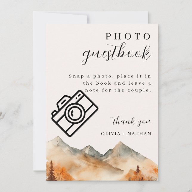 Fall Mountain Wedding Photo Guestbook Table Card (Front)