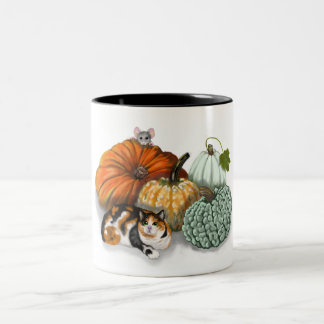 Fall mug with pumpkins, a cat and a mouse