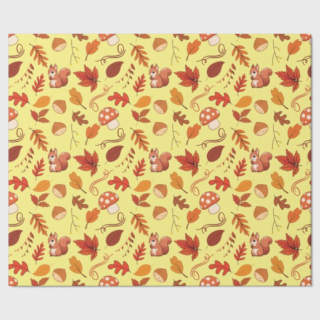 Fall Mushroom and Squirrel Seamless Wrapping Paper (Seam)