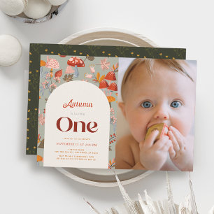 Fall Mushroom Wildflower 1st Birthday Sage Photo Invitation