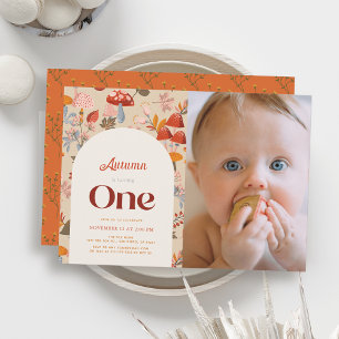 Fall Mushroom Wildflower 1st Birthday Tan Photo Invitation