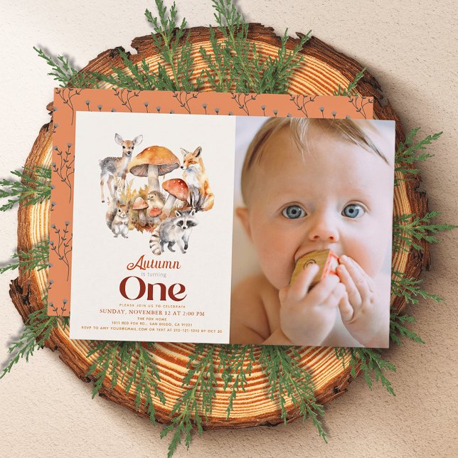 Fall Mushroom Woodland Animals 1st Birthday Photo Invitation (Creator Uploaded)