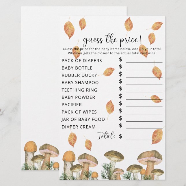 Fall Mushrooms | Baby shower Price Guess Game (Front/Back)