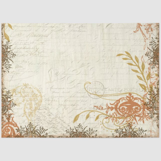 Fall Mustard Orange Ephemera Script Decoupage Art Tissue Paper (Front)