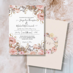 Fall Muted Blush Pink Watercolor Floral Rose Gold Invitation