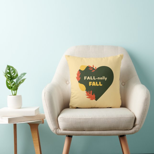 Fall-nally Fall text Autumn Leaves and Green Heart Cushion (Chair)