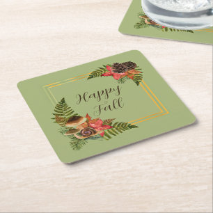 Fall nature frame with customisable text square paper coaster