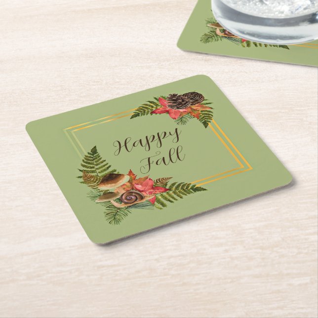 Fall nature frame with customisable text  square paper coaster (Angled)