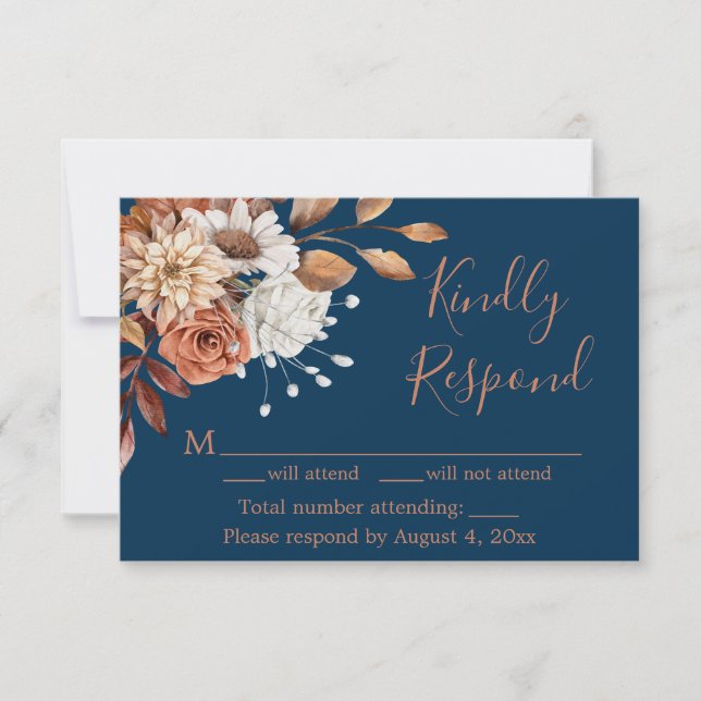 Fall Navy Blue Floral Birthday Response Card (Front)