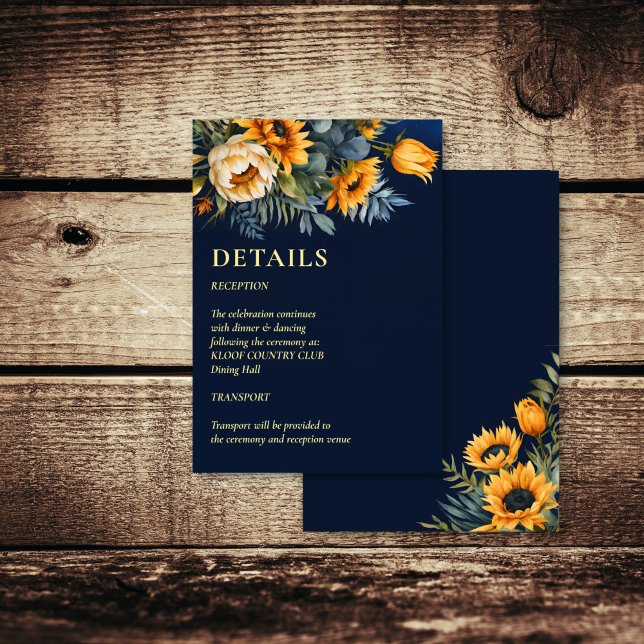 Fall navy blue rustic sunflower wedding  details enclosure card (Fall navy blue rustic sunflower wedding details enclosure card invitation suite)