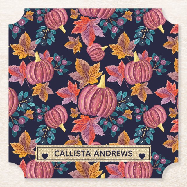 Fall Navy Pumpkin Leaves Watercolor Monogram Paper Coaster (Front)