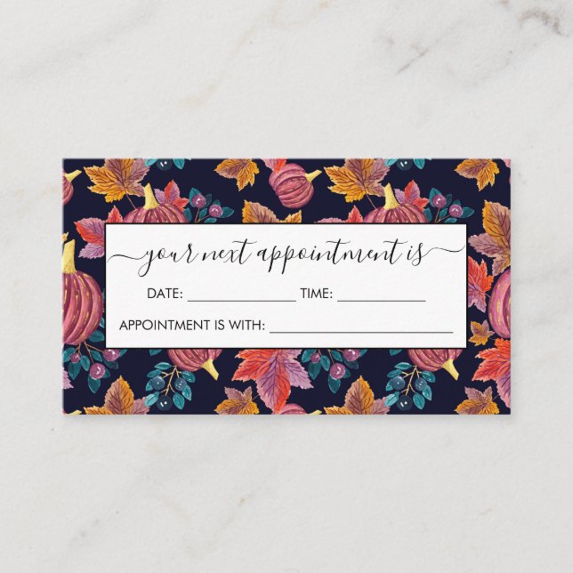 Fall Navy Pumpkin Leaves Watercolor Pattern Appointment Card (Front)