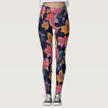 Fall Navy Pumpkin Leaves Watercolor Pattern Leggings<br><div class="desc">This modern and cute fall pattern is perfect for the autumn and winter seasons. It features hand-painted burgundy pink, teal green, navy blue, orange, golden yellow, and purple watercolor pumpkins, fall leaves, and berries pattern on top of a simple navy blue background. It's artsy, modern, beautiful, unique, and trendy. ***IMPORTANT...</div>