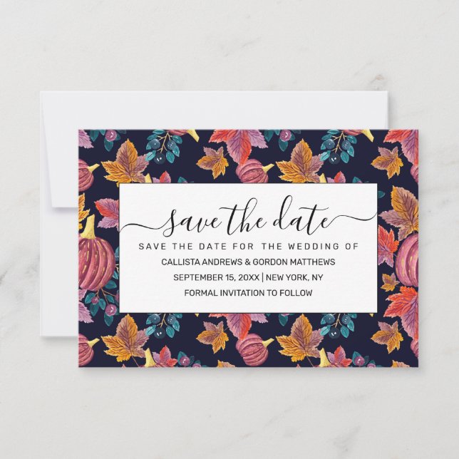 Fall Navy Pumpkin Leaves Watercolor Pattern Save The Date (Front)
