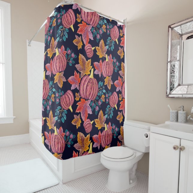 Fall Navy Pumpkin Leaves Watercolor Pattern Shower Curtain (In Situ)