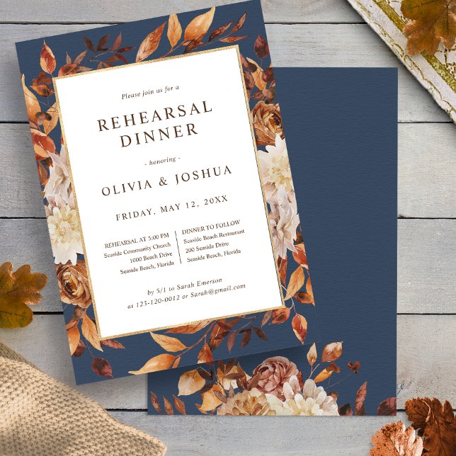 Fall Navy Rehearsal Dinner Invitation (Autumn Watercolor Floral  Navy Blue Rehearsal Dinner Invitation by Painted Paperie
)