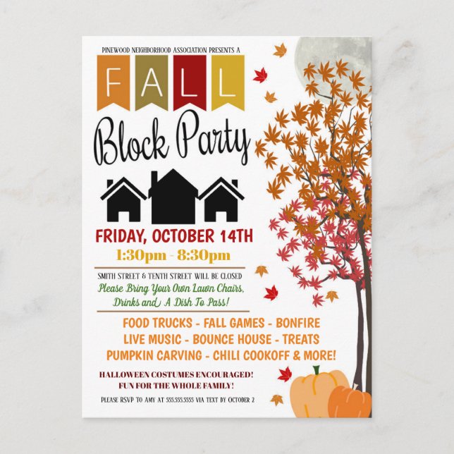 Fall Neighbourhood Block Party Invite Postcard (Front)