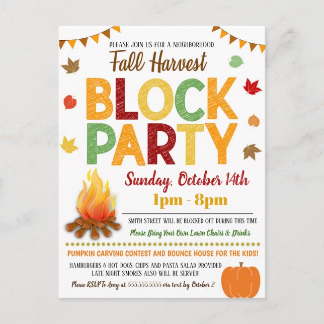 Fall Neighbourhood Block Party Invite Postcard (Front)