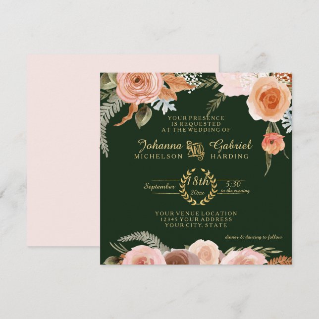 Fall Neutral Blush Floral Foliage Forest Green Invitation (Front/Back)