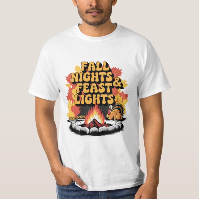 Fall Nights and Feast Lights Thanksgiving Campfire T-Shirt (Front)