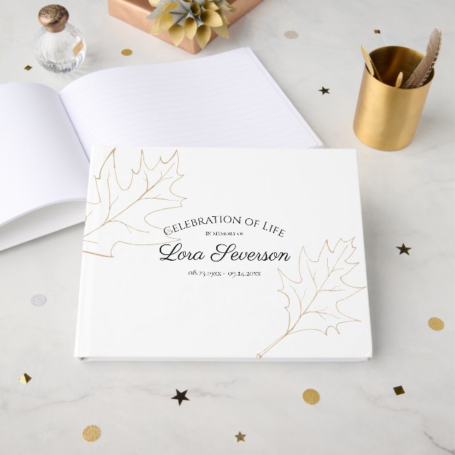 Fall Oak Leaves Celebration of Life Memorial Guest Book (Front Open)