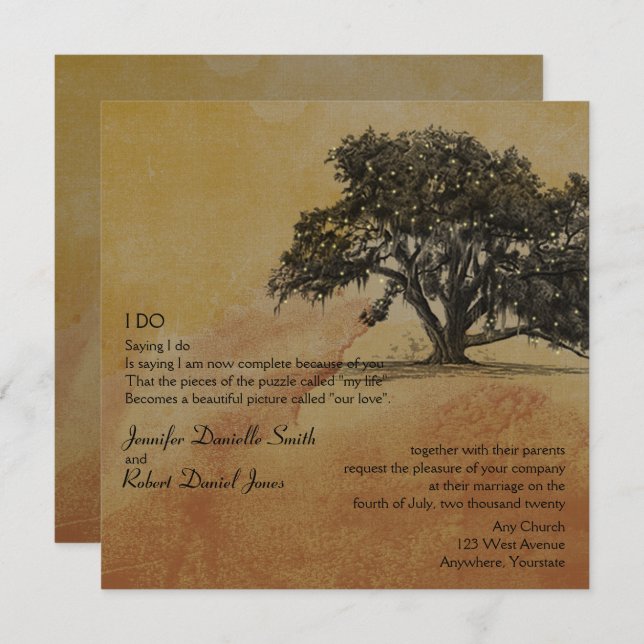 Fall Oak Tree and String Lights Wedding Invitation (Front/Back)