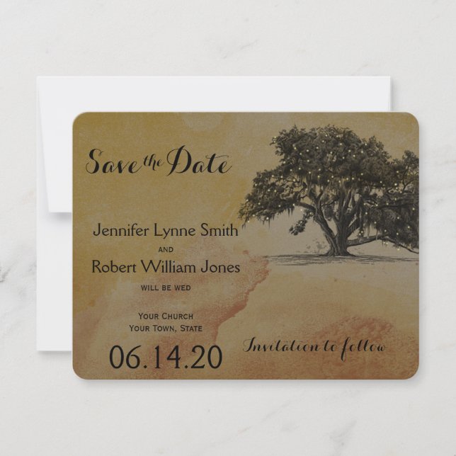 Fall Oak Tree String Lights Wedding Save the Date (Front)