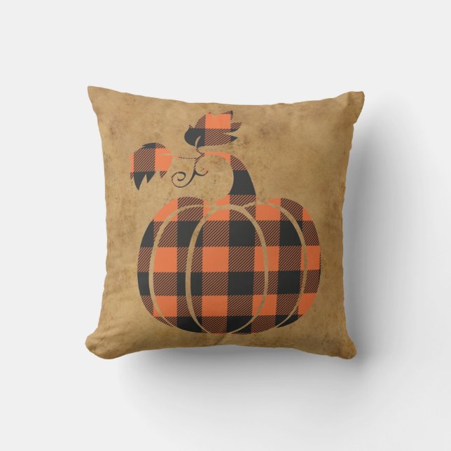 Fall Orange And Black Plaid Autumn Pumpkin Cushion (Front)