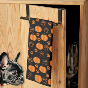 Fall Orange and Black Pumpkins and Paws Halloween Tea Towel
