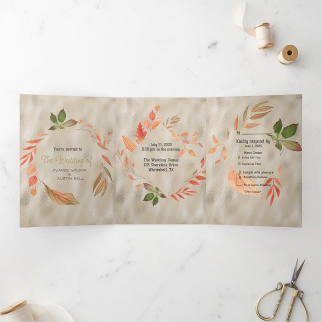 Fall Orange and Yellow Leaves  Tri-Fold Invitation (Inside)