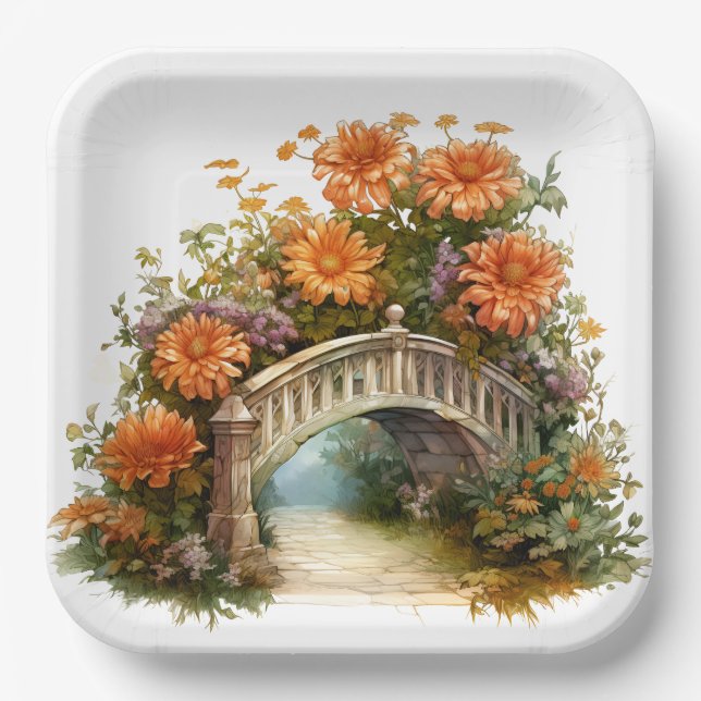 FALL ORANGE ASTER FLOWERS IN SCENES PAPER PLATE (Front)