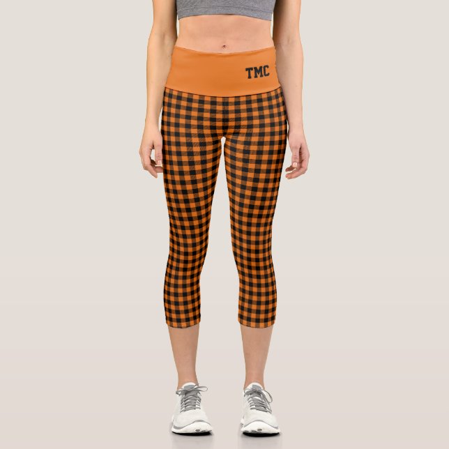 Fall Orange Black Buffalo Plaid INITIALS Capri Leggings (Front)