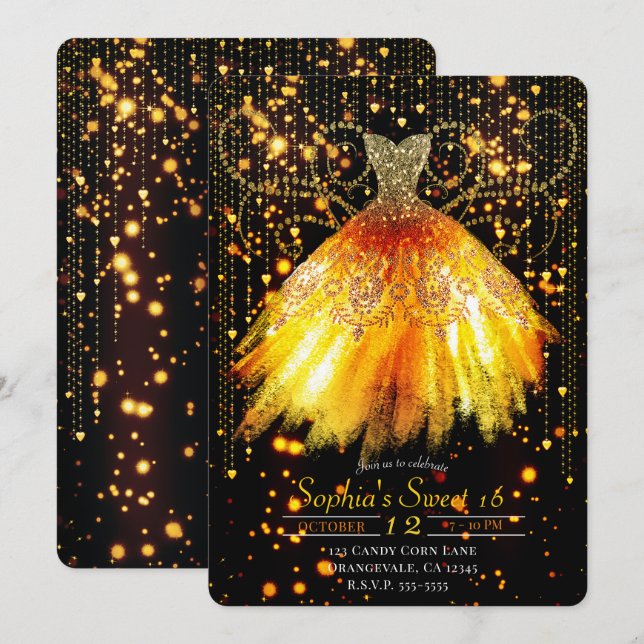 Fall Orange Black Gold Glitter Dress Sweet 16 Invitation (Front/Back)