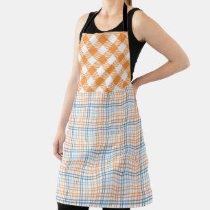 FALL ORANGE BLUE WHITE AUTUMN PLAID PATTERNS APRON