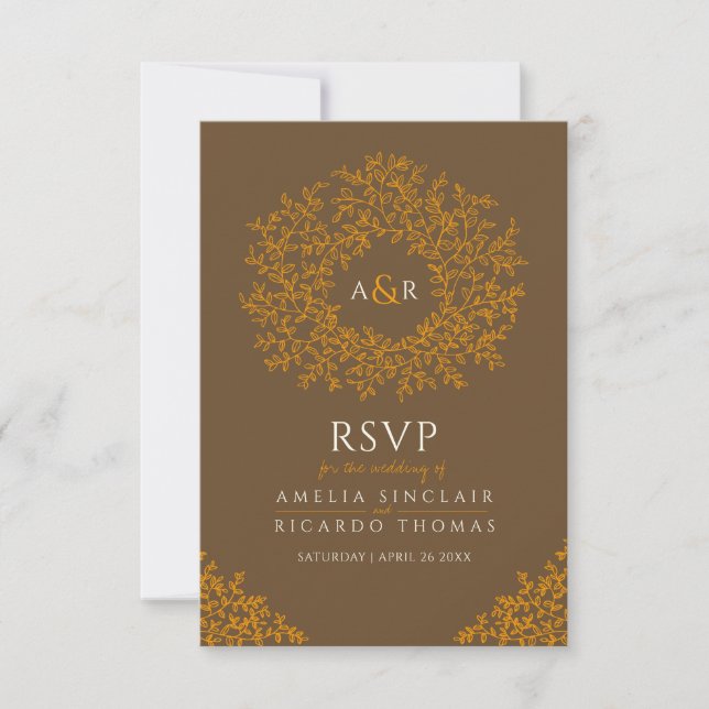 Fall orange brown leaves monogram RSVP wedding (Front)