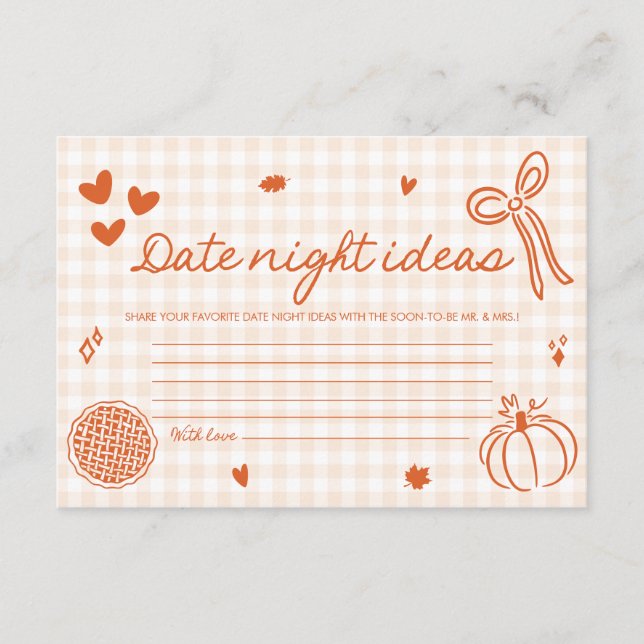 Fall Orange Date night ideas Bridal Shower Game Enclosure Card (Front)