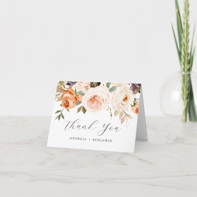 Fall Orange Floral Wedding Thank You Card (Front)