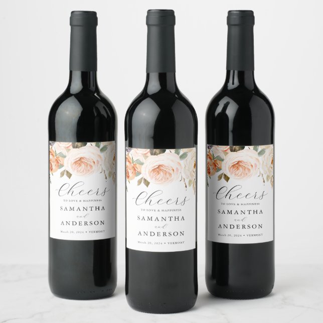 Fall Orange Floral Wedding Wine Bottle Labels (Bottles)