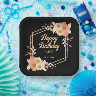 Fall Orange Flower Gold Black Happy Birthday Paper Plate