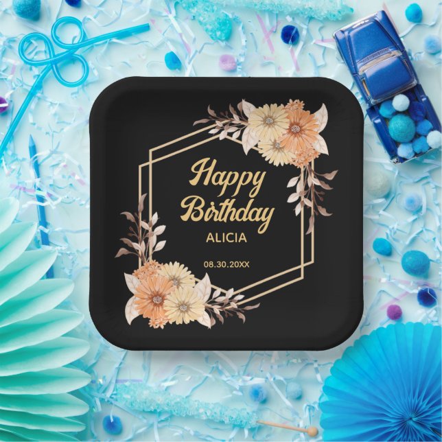 Fall Orange Flower Gold Black Happy Birthday Paper Plate (Party)