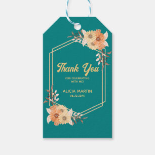 Fall Orange Flower Gold Teal Thank You Gift Tags