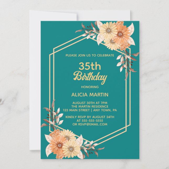 Fall Orange Flower Gold Teal Woman Adult Invitation (Front)